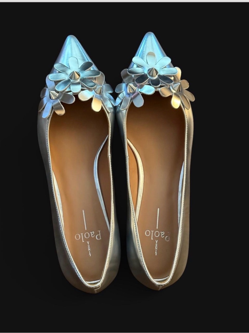 So CUTE in person! Metallic Silver Women’s Ballet Flats with Floral Appliqué